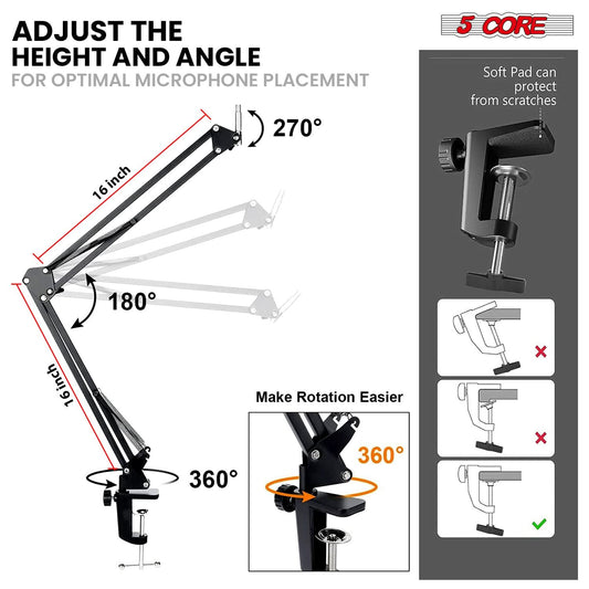 5Core Microphone Stand Suspension Desk Scissor Boom Arm 16" Shock Mount Pop Filter